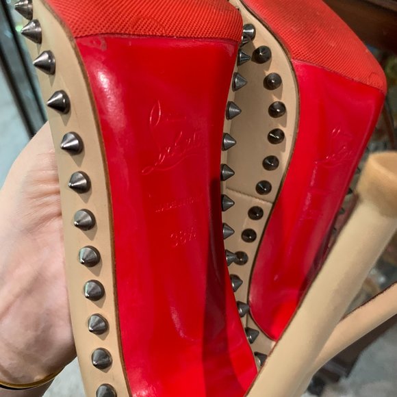 Louboutin Lucifer Bow 120 Spike Pumps size 38.5 Nude Pomice - Picture 6 of 15